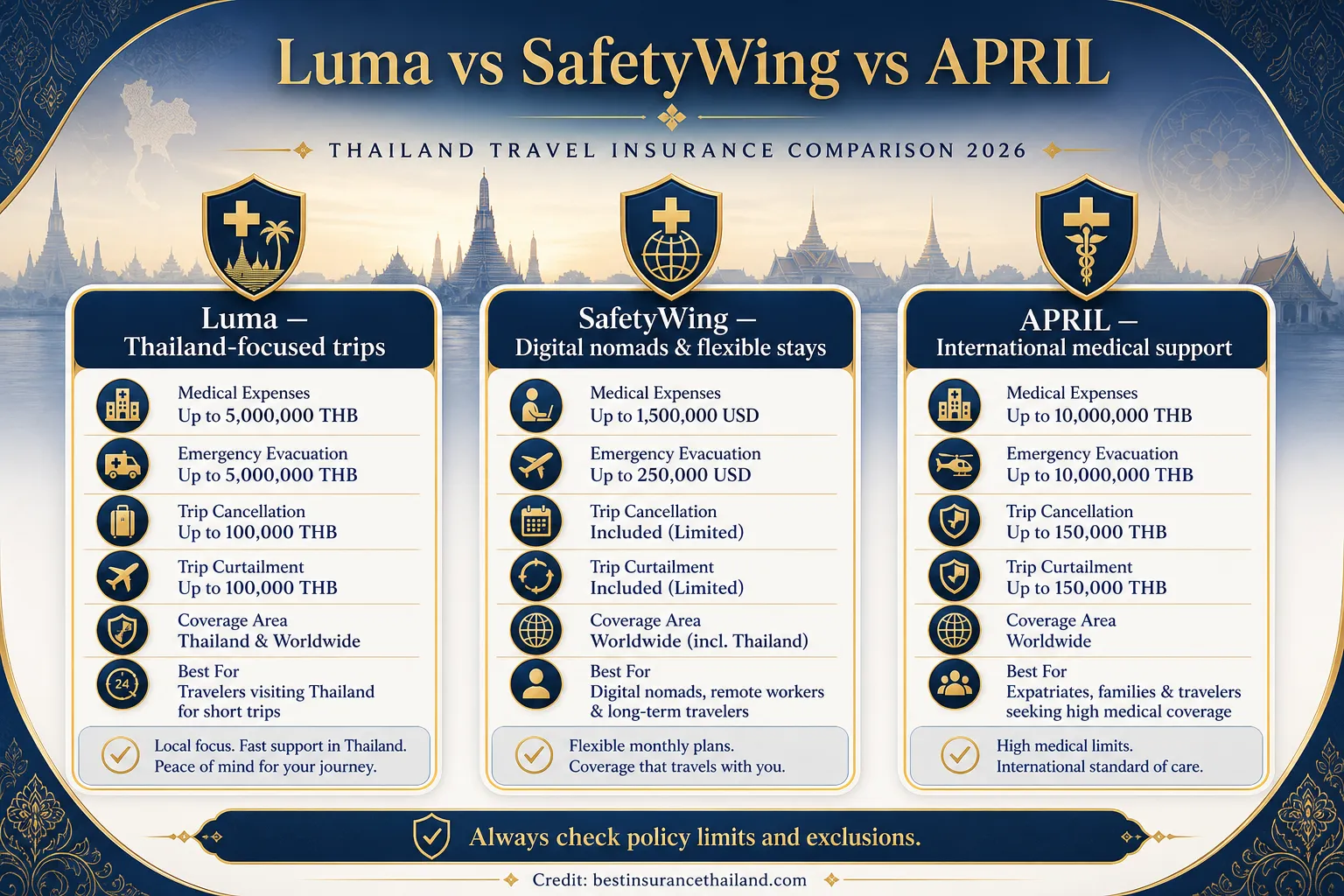 Luma vs SafetyWing vs APRIL International travel insurance comparison for Thailand 2026